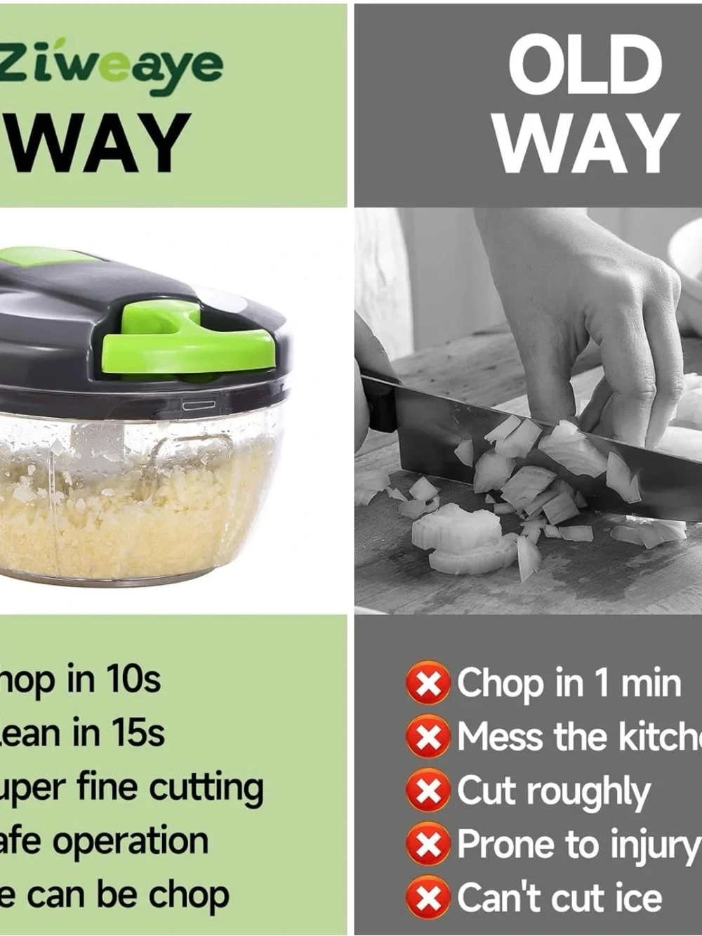 Manual Food Chopper with Green and Gray Lid - Compact Vegetable Cutter